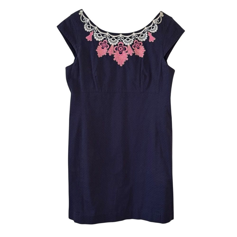 Lilly Pulitzer Allura Sheath Dress Cap Sleeve Embroidered Navy Size 14